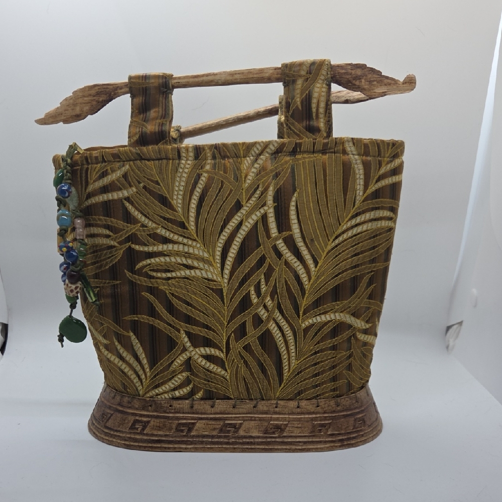 Artisan Leaf Design Tote with Wooden Accents